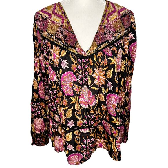 Rachel Zoe Boho Floral Peasant Blouse XS Artisan Folk Print Indie Cottagecore - Picture 1 of 6